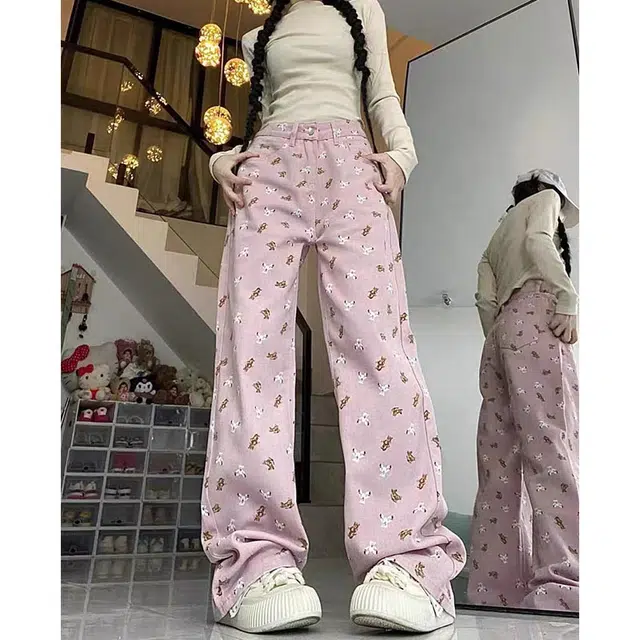玉儿恋 甜美小个子印花可爱小熊宽松阔腿百搭碎花长裤高腰牛仔裤 女款