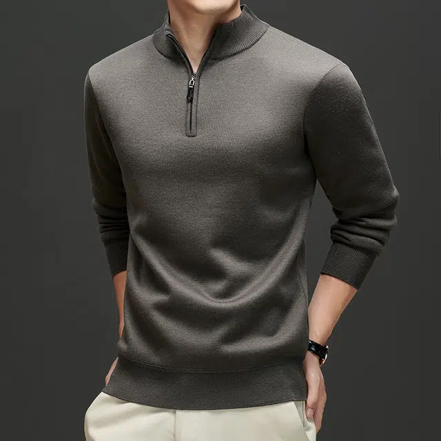 曲韩 春秋立领半拉链合身纯色内搭上衣秋季商务休闲百搭打底衫秋冬含羊毛针织衫 男女同款