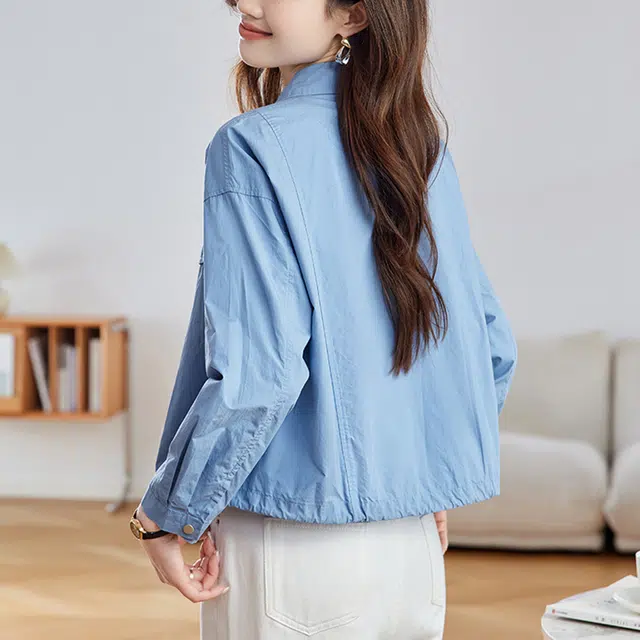 曲韩 翻领抽绳宽松上衣时尚休闲短款纯棉春季长袖衬衫 女款 工装蓝