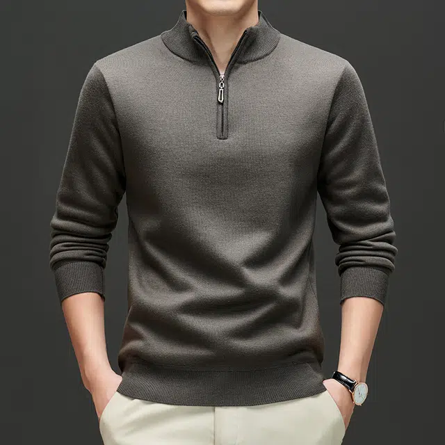 曲韩 春秋立领半拉链合身纯色内搭上衣秋季商务休闲百搭打底衫秋冬含羊毛针织衫 男女同款