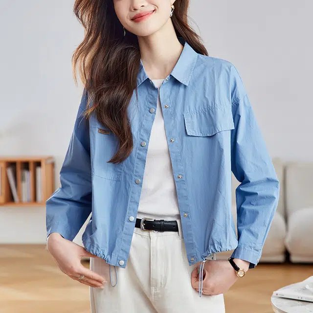 曲韩 翻领抽绳宽松上衣时尚休闲短款纯棉春季长袖衬衫 女款 工装蓝