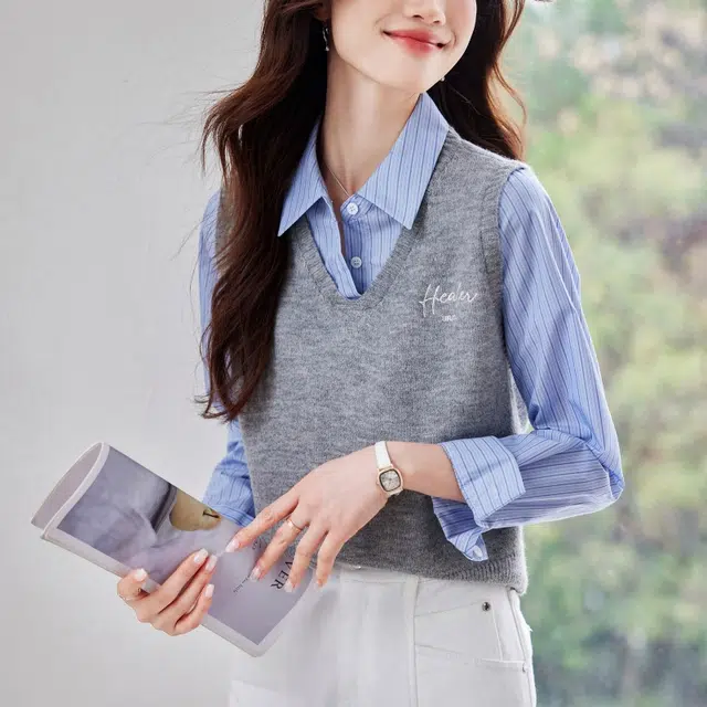 曲韩 时尚假两件条纹长袖衬衫 女款 蓝色