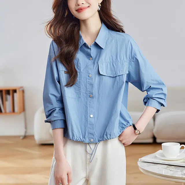 曲韩 翻领抽绳宽松上衣时尚休闲短款纯棉春季长袖衬衫 女款 工装蓝