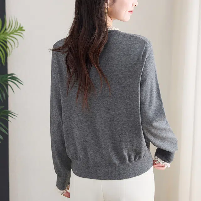 曲韩 半开领蕾丝边短款开衫外套气质温柔长袖春秋针织衫 女款