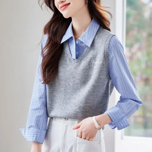 曲韩 时尚假两件条纹长袖衬衫 女款 蓝色