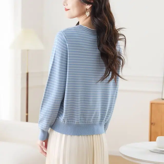曲韩 宽松显瘦条纹开衫遮肉毛衣外套上衣女针织衫 女款