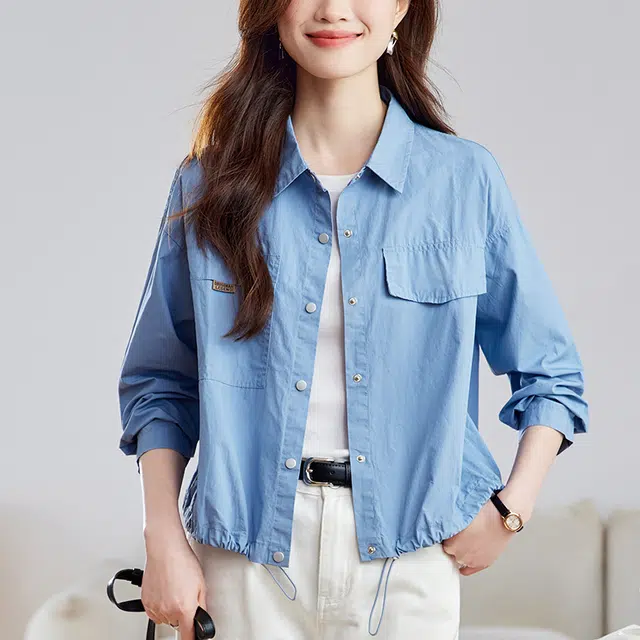 曲韩 翻领抽绳宽松上衣时尚休闲短款纯棉春季长袖衬衫 女款 工装蓝