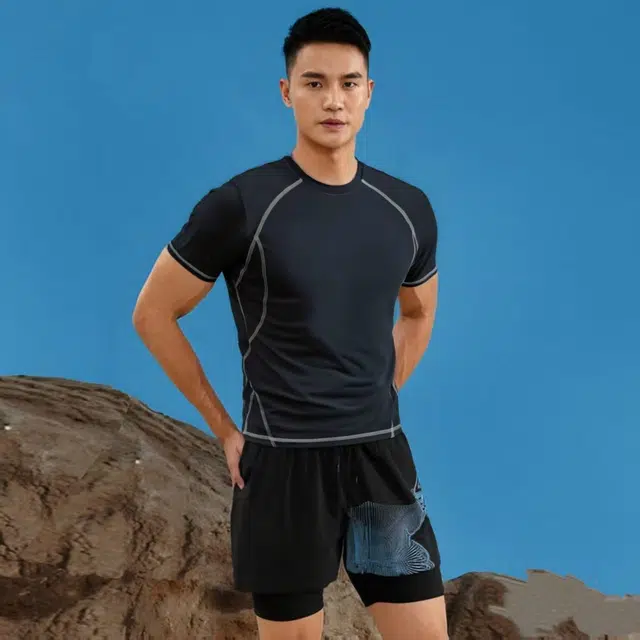 匹克 合身双层游泳裤防晒速干高弹上衣泳衣套装 男款