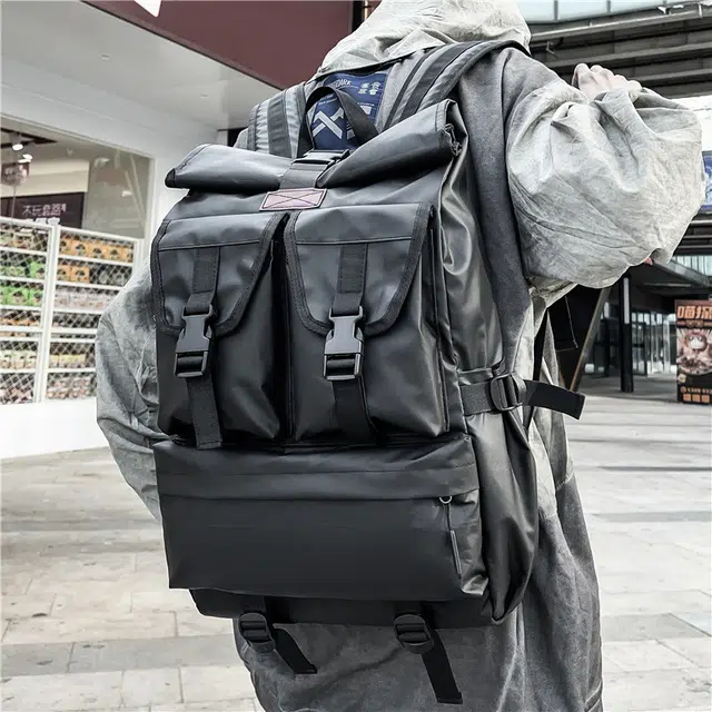 雅鹿 工装机能高颜值街头大容量初高中大学生上课潮流时尚高颜值百搭多功能户外运动潮酷旅行背包 牛津布 双肩包 男女同款情侣款 黑色