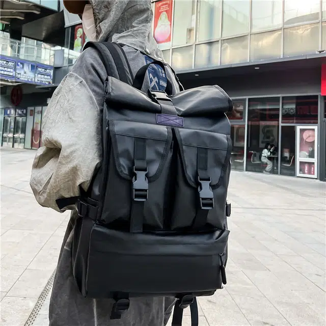 雅鹿 工装机能高颜值街头大容量初高中大学生上课潮流时尚高颜值百搭多功能户外运动潮酷旅行背包 牛津布 双肩包 男女同款情侣款 黑色