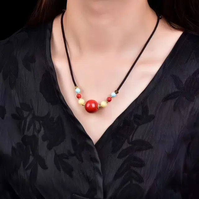 石在行 高含量复古红砂平安转运纳福国潮新中式五福临门圆珠锁骨链 朱砂 项链 男女同款情侣款