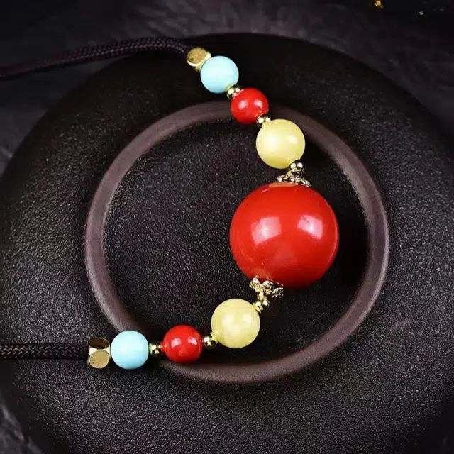 石在行 高含量复古红砂平安转运纳福国潮新中式五福临门圆珠锁骨链 朱砂 项链 男女同款情侣款