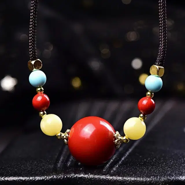 石在行 高含量复古红砂平安转运纳福国潮新中式五福临门圆珠锁骨链 朱砂 项链 男女同款情侣款