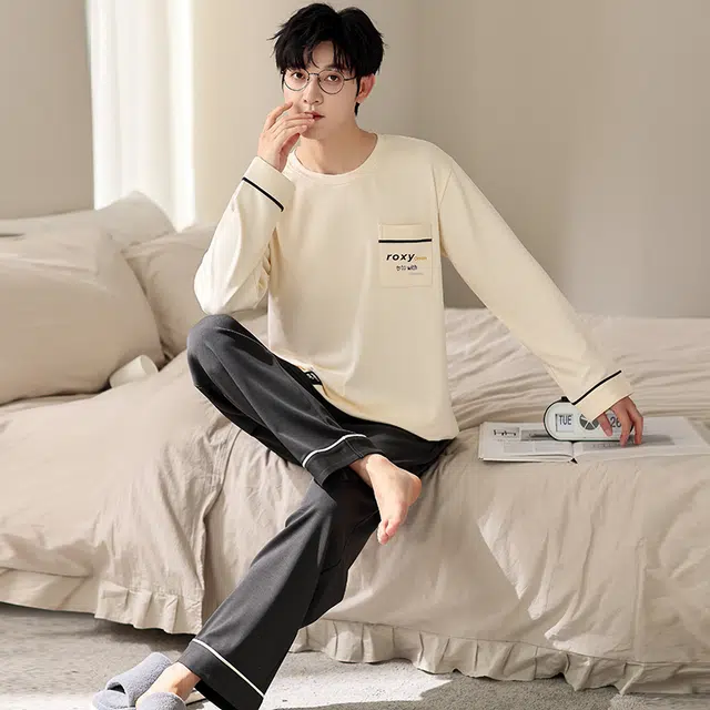 梦特娇 简约可外穿圆领长袖休闲长裤家居服纯棉保暖 舒适亲肤透气青年学生宽松百搭上衣睡衣套装 秋冬季 男款 两件套 米白色