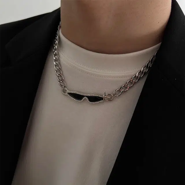 芊淑歆 眼镜轻奢小众设计个性中性高级感潮酷吊坠嘻哈 钛钢 项链 男款