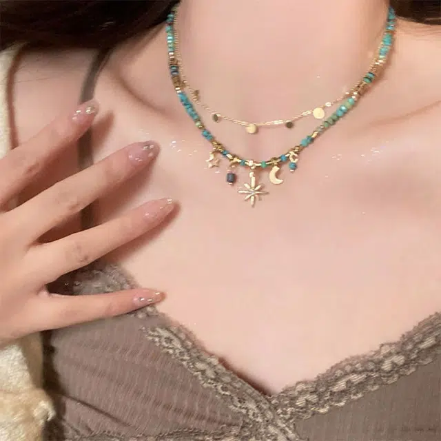 栖花漫语 芒星串珠叠戴款轻奢小众锁骨链颈链 合金 项链 女款