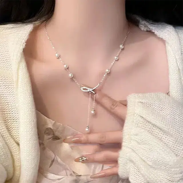 栖花漫语 蝴蝶结流苏气质百搭小众锁骨链#好运 钛钢 项链 男女同款情侣款