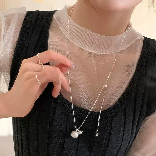 栖花漫语 几何极简风拉丝银球可抽拉毛衣链 仿珍珠 项链 女款