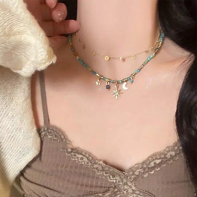 栖花漫语 芒星串珠叠戴款轻奢小众锁骨链颈链 合金 项链 女款