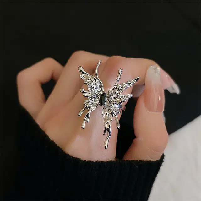 栖花漫语 液态蝴蝶个性时尚设计感开口指环立体嘻哈朋克食指戒潮#好运 钛钢 戒指 女款