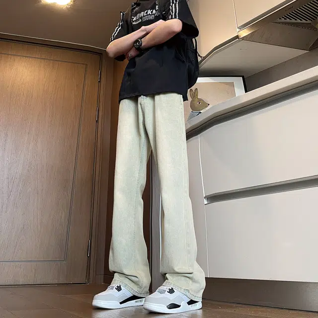 普鲁士多特蒙德 复古水洗做旧美式高街简约百搭基础款潮流宽松休闲垂感直筒牛仔裤 男女同款