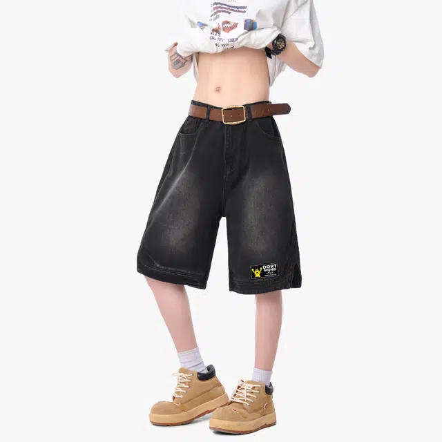 普鲁士多特蒙德 美式复古高街潮流时尚简约宽松舒适直筒日常通勤户外百搭牛仔短裤 男女同款