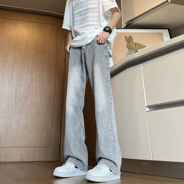 普鲁士多特蒙德 复古水洗做旧美式高街简约百搭基础款潮流宽松休闲垂感直筒牛仔裤 男女同款