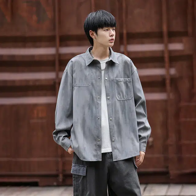 普鲁士多特蒙德 美式复古高街潮流扎染设计感痞帅宽松百搭翻领简约基础款学院风日常通勤休闲时尚长袖衬衫 男女同款