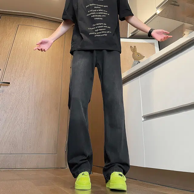 普鲁士多特蒙德 复古水洗做旧美式高街简约百搭基础款潮流宽松休闲垂感直筒牛仔裤 男女同款