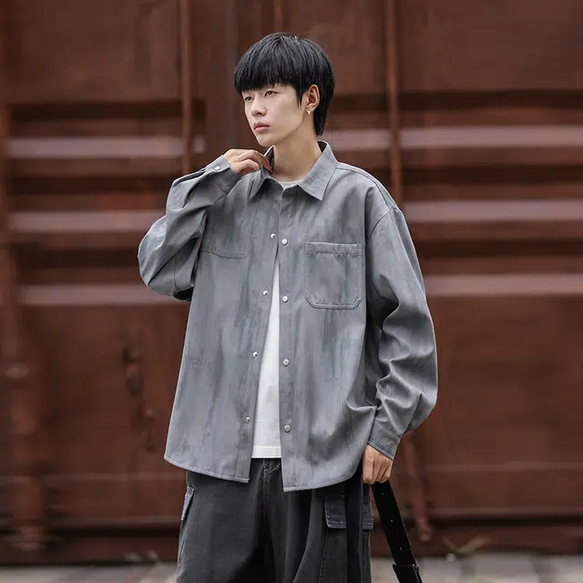 普鲁士多特蒙德 美式复古高街潮流扎染设计感痞帅宽松百搭翻领简约基础款学院风日常通勤休闲时尚长袖衬衫 男女同款