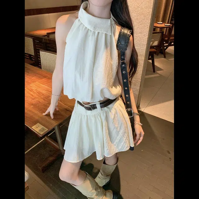 依钗 辣妹时尚无袖露肩花苞挂脖上衣吊带背心短款半身裙两件套【月光沙烁】裙装套装 女款