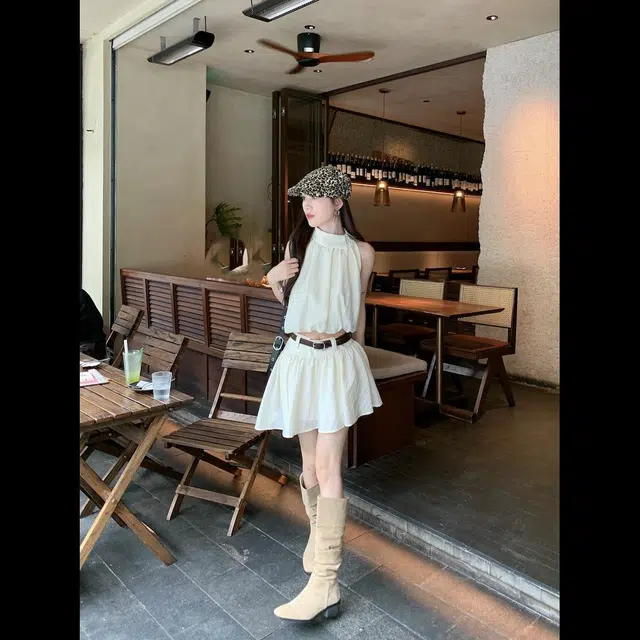 依钗 辣妹时尚无袖露肩花苞挂脖上衣吊带背心短款半身裙两件套【月光沙烁】裙装套装 女款