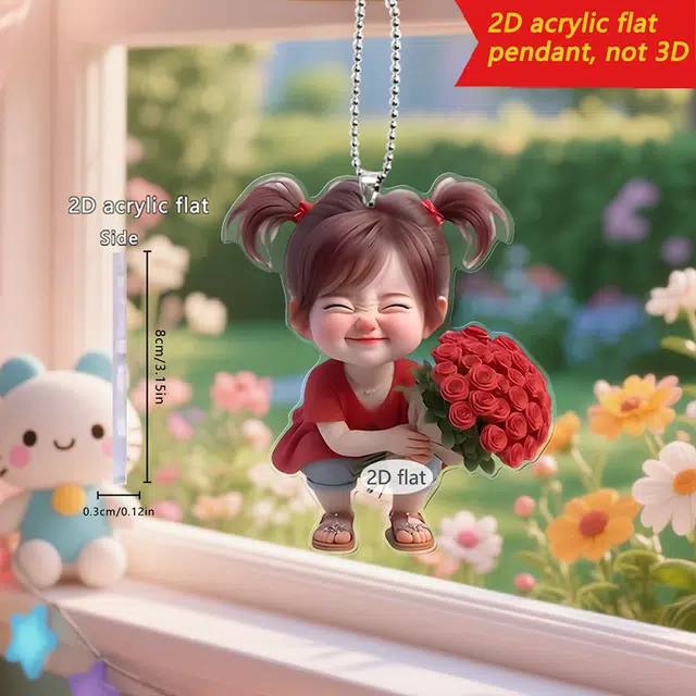 【笑靥如花，温柔如你】 零界 可爱手捧玫瑰爱笑可爱时尚汽车内饰潮流装饰挂饰 亚克力 挂件 男女同款情侣款