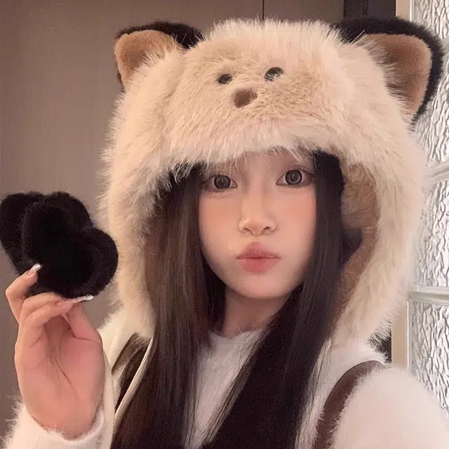 零界 学生腮红猫咪毛绒户外保暖加绒加厚 好运 涤纶 绒线帽 男女同款情侣款