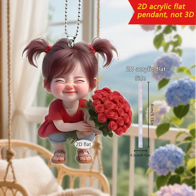 【笑靥如花，温柔如你】 零界 可爱手捧玫瑰爱笑可爱时尚汽车内饰潮流装饰挂饰 亚克力 挂件 男女同款情侣款