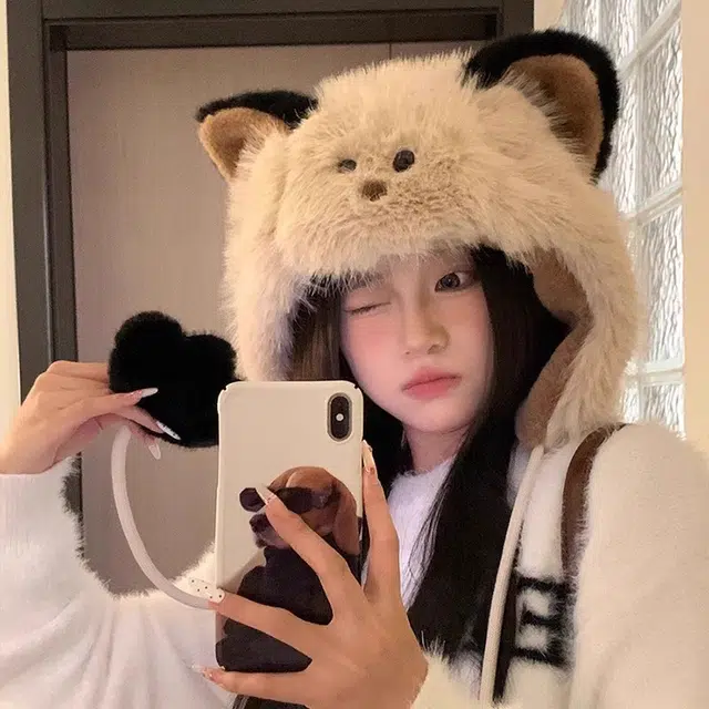 零界 学生腮红猫咪毛绒户外保暖加绒加厚 好运 涤纶 绒线帽 男女同款情侣款