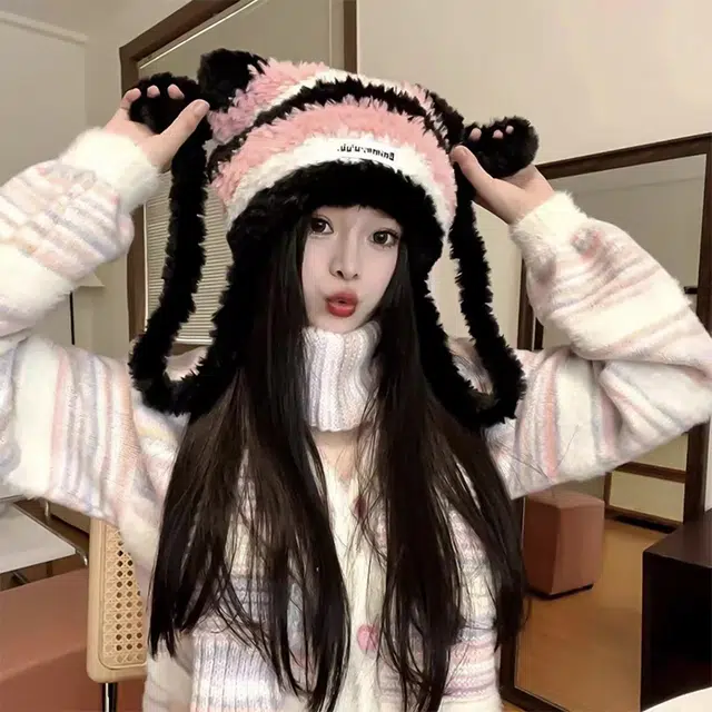 零界 可爱拼色条纹字母贴标保暖百搭 好运 涤纶 绒线帽 男女同款情侣款