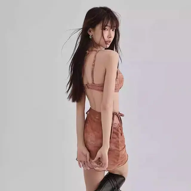 欧若珂 废土风比基尼四件套圆领扎染高级温泉拍照海边度假泳衣套装 女款