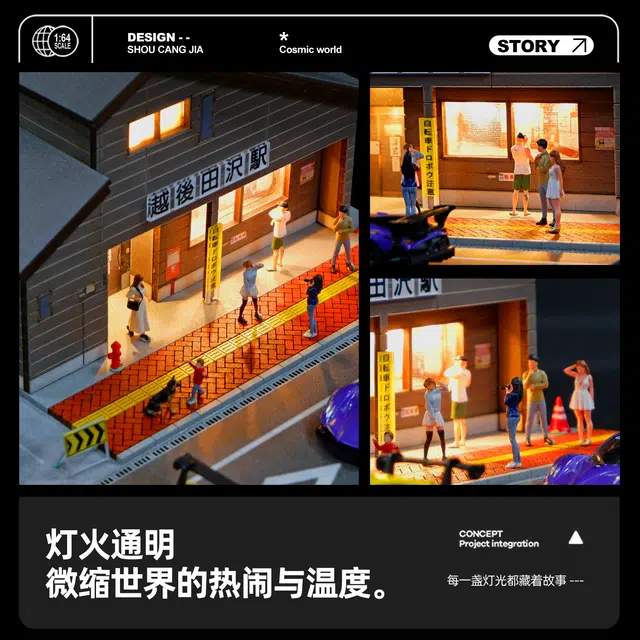 卡威 日式火车驿站微缩仿真合金小汽车停车场带灯展示盒 场景模型