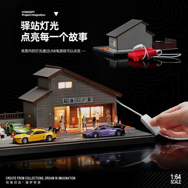 卡威 日式火车驿站微缩仿真合金小汽车停车场带灯展示盒 场景模型