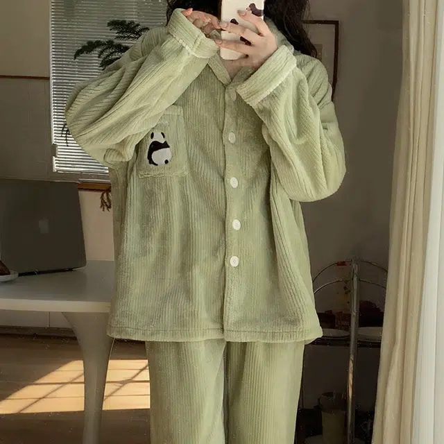 欧诗帛 保暖舒适透气加厚可外穿睡衣套装 女款 绿色