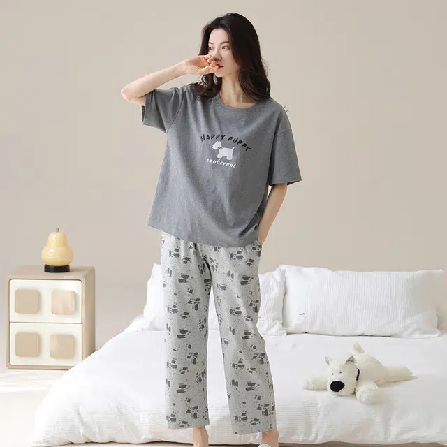 欧诗帛 纯棉短袖薄款可外穿带胸垫大码家居服睡衣套装 女款 图片色