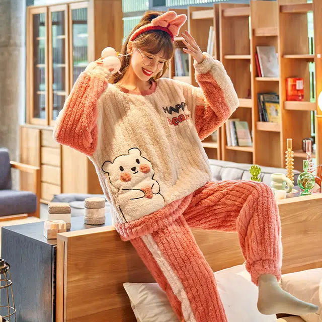欧诗帛 卡通圆领加绒加厚长袖上衣家居服长裤睡衣套装 女款 图片色