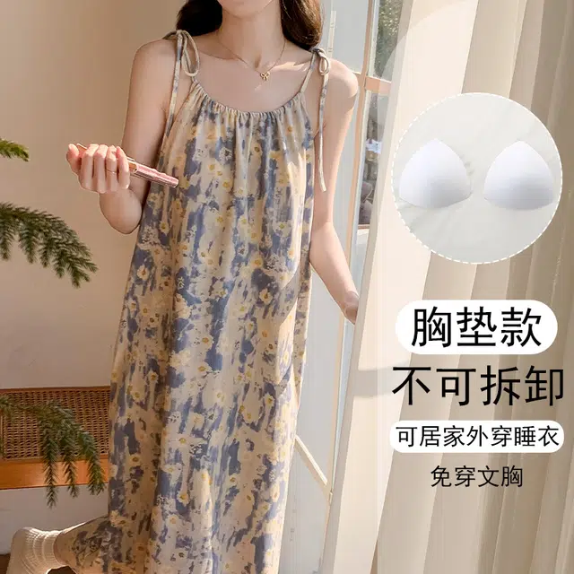 欧诗帛 无袖韩版吊带高颜值学生可出门过膝带胸垫家居服睡裙 女款 图片色