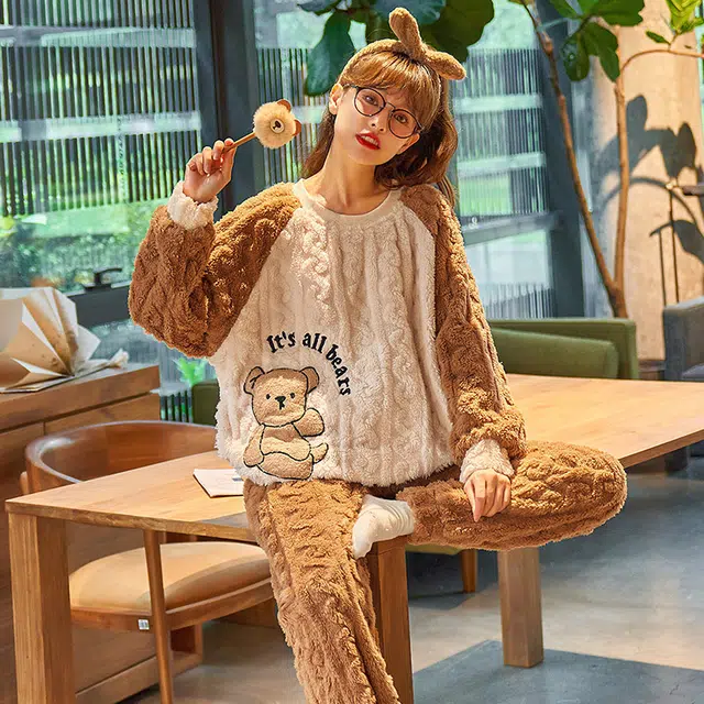 欧诗帛 珊瑚绒卡通法兰绒加绒加厚长袖长裤睡衣套装 女款 图片色