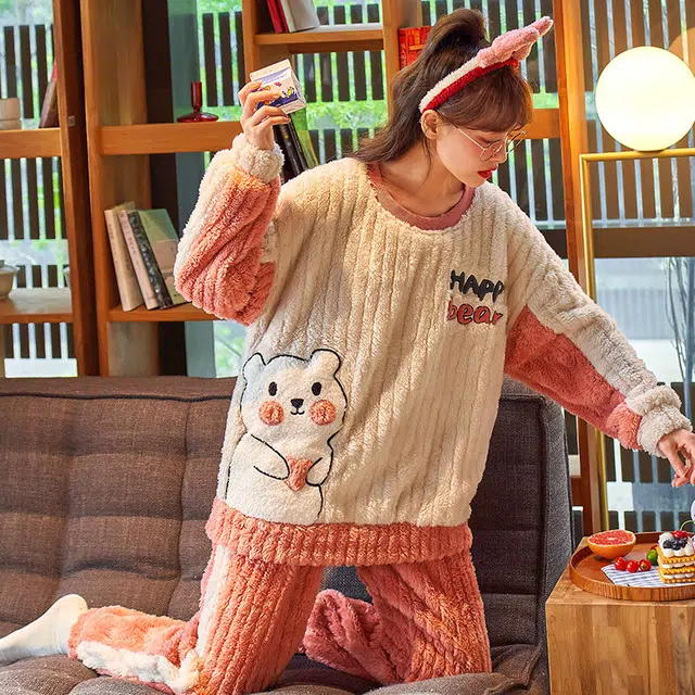 欧诗帛 卡通圆领加绒加厚长袖上衣家居服长裤睡衣套装 女款 图片色