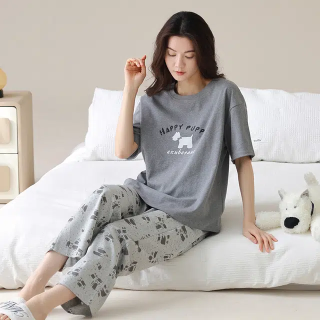 欧诗帛 纯棉短袖薄款可外穿带胸垫大码家居服睡衣套装 女款 图片色