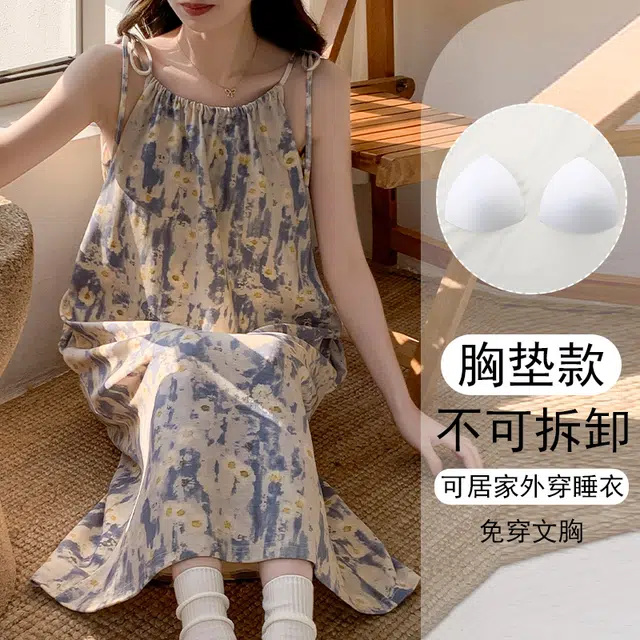 欧诗帛 无袖韩版吊带高颜值学生可出门过膝带胸垫家居服睡裙 女款 图片色