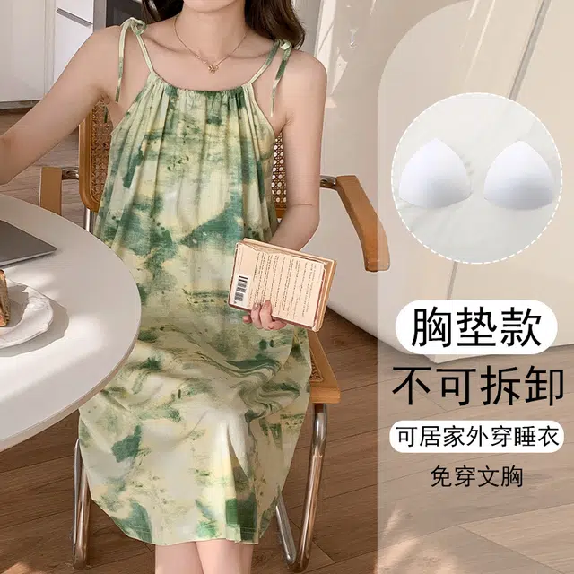 欧诗帛 韩版吊带无袖高颜值可出门学生过膝带胸垫家居服睡裙 女款 图片色