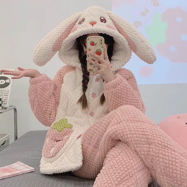 欧诗帛 少女种草款系列 加厚卡通舒适亲肤连帽兔子睡衣套装 女款 图片色